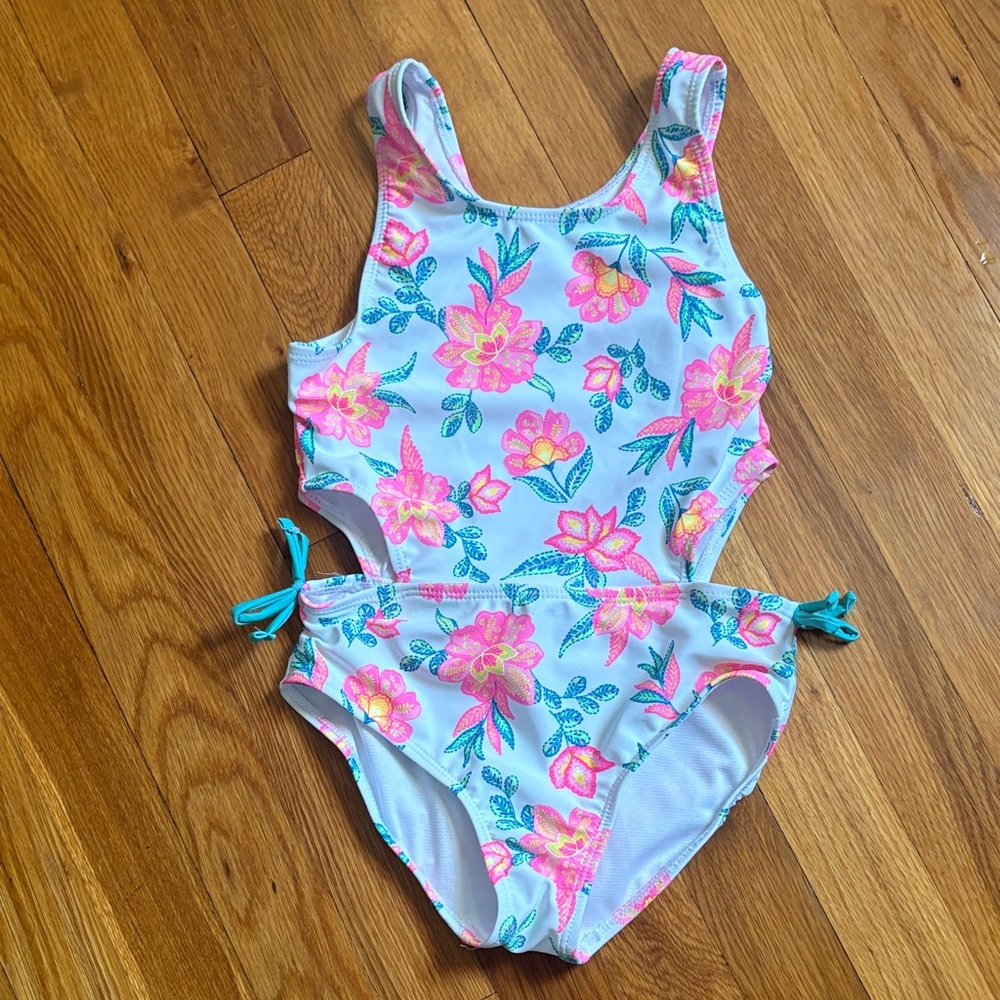 Girls' Floral One-Piece Swimsuit - Pink & Teal